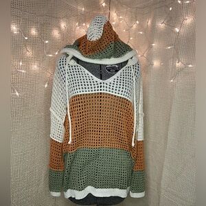 POL Medium Relaxed Fit Beachy Crochet Hoodie Sweater Green Orange Beige Boho